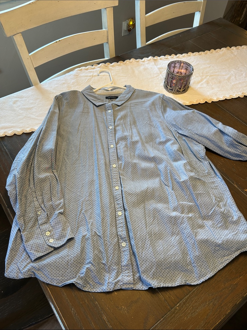 Lands' End Light Blue Shirt with Navy Microdots